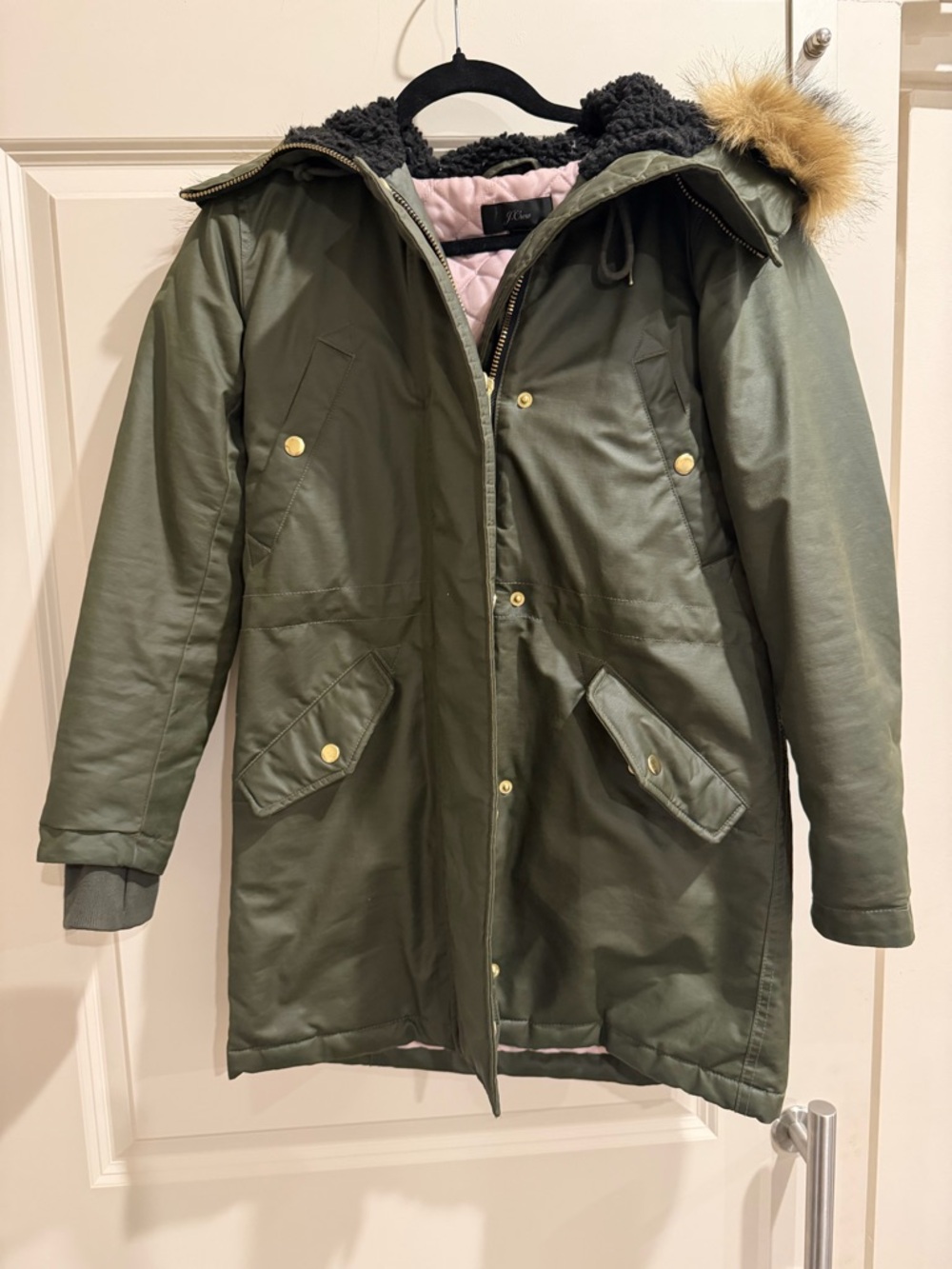 J. Crew Olive Green Quilted Parka with Pink Lining and Faux Fur Trim